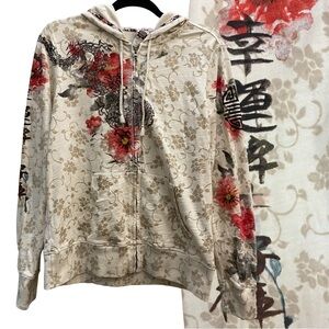 Y2K Lucky Brand Zip Up Hoodie Asian Dragon Design Sweatshirt- L
